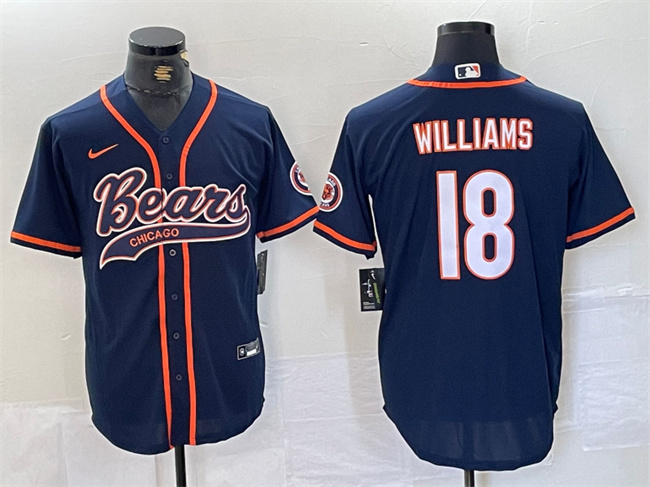 Men's Chicago Bears #18 Caleb Williams Navy With Patch Cool Base Stitched Baseball Jersey
